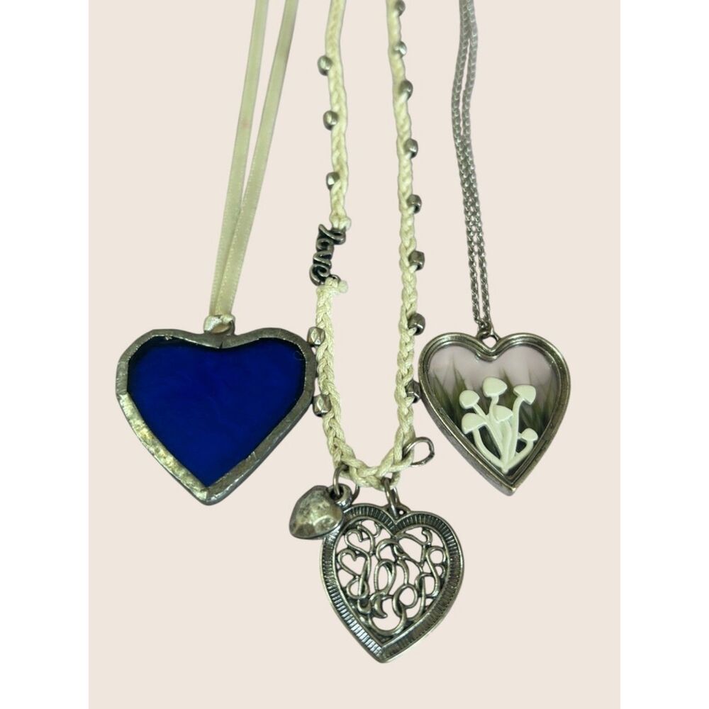 🍄VTG HEART NECKLACE LOT BOHO MACRAME CHOKER PRESSED MUSHROOM COBALT GLASS STACK
